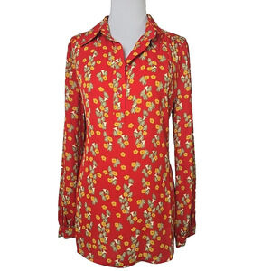 Cabi Orange Floral Chiffon Long Sleeve Blouse Top Medium M